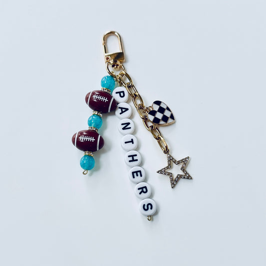 Panthers Football Beaded Keychain: Gold Bag Charm with Enamel Heart and Star