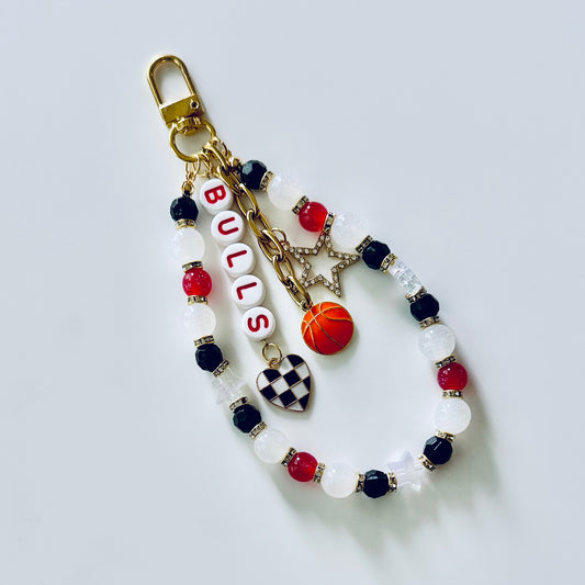 Bulls Beaded Bag Charm: Red & White Keychain with Football, Heart and Star Charms
