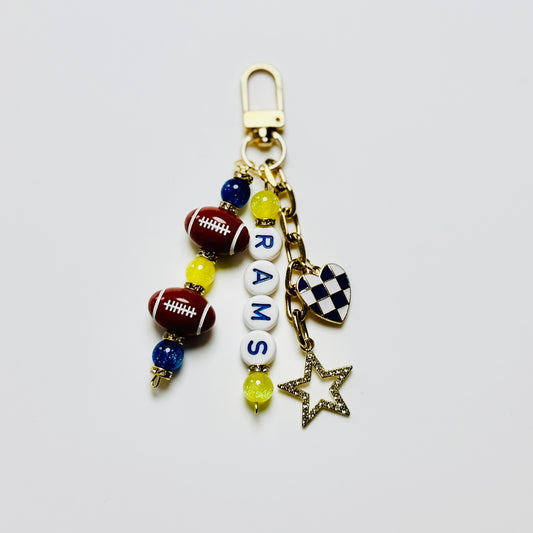 Rams Football Beaded Keychain – Gold Bag Charm with Letter Beads, Football Beads, & Enamel Heart
