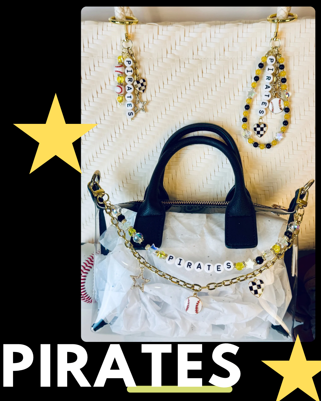 Pirates Bag Charm | Baseball Keychain Zipper Pull | Baseball Fan Gift | Choose Your Team & Size | Handmade Sports Accessory