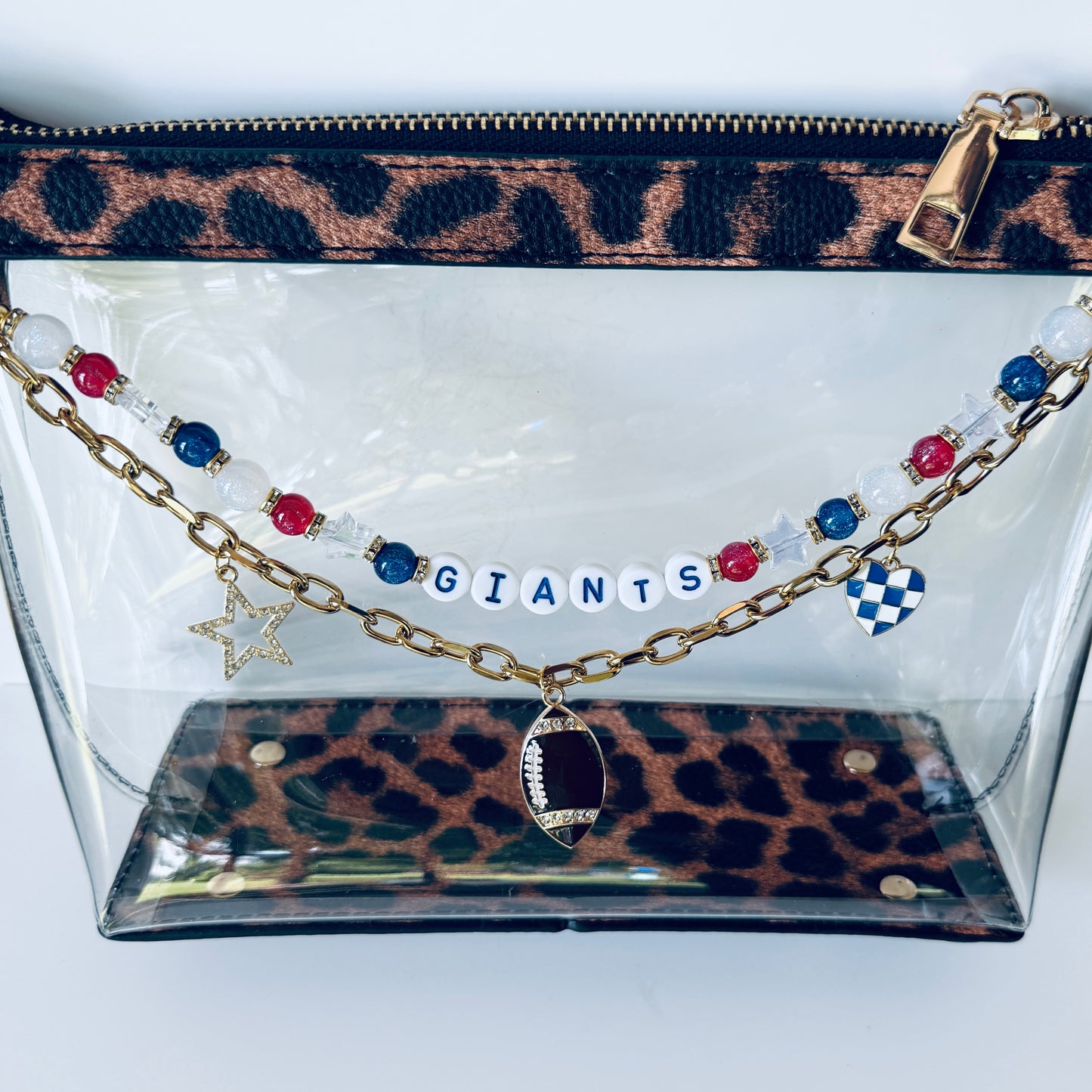 Giants Football Beaded Bag Charm: Red White & Blue Keychain - Handmade