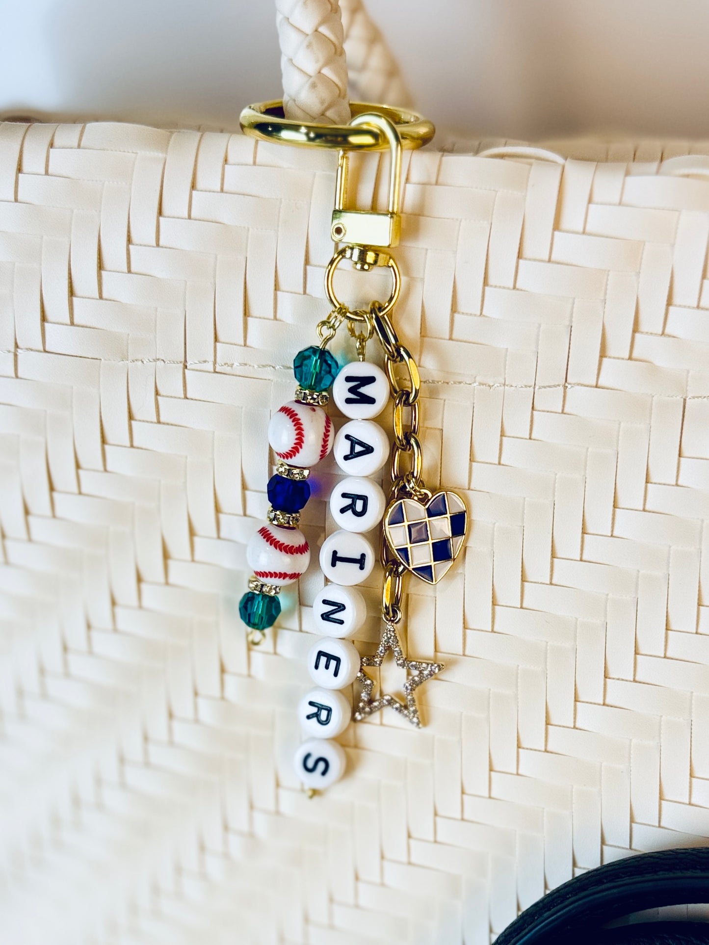 Baseball Beaded Bag Charm: Baseball Keychain with Letter Beads