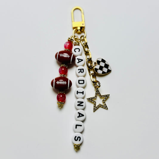Cardinals Football Beaded Keychain – Gold Bag Charm with Letter Beads, Football Beads, & Enamel Heart