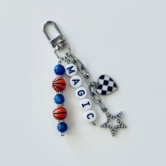 Magic Basketball Keychain – Silver, Black & Blue Beaded Keychain with Star and Heart Charms