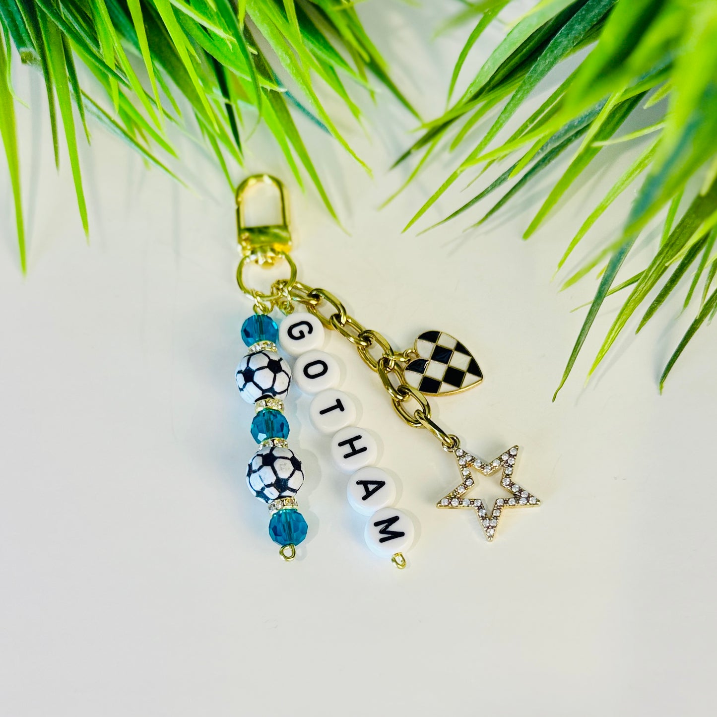 Gotham Soccer Bag Charm: Sky Blue Beaded Keychain, Gold Keychain with Star and Heart Charms