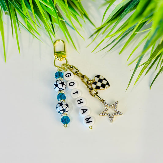 Gotham Soccer Bag Charm: Sky Blue Beaded Keychain, Gold Keychain with Star and Heart Charms