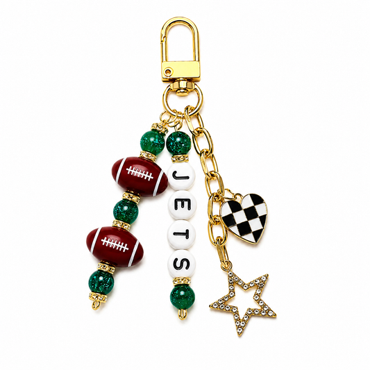 Jets Football Beaded Keychain: Gold Bag Charm with Enamel Heart and Star