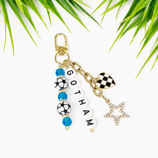 Gotham Soccer Bag Charm: Sky Blue Beaded Keychain, Gold Keychain with Star and Heart Charms