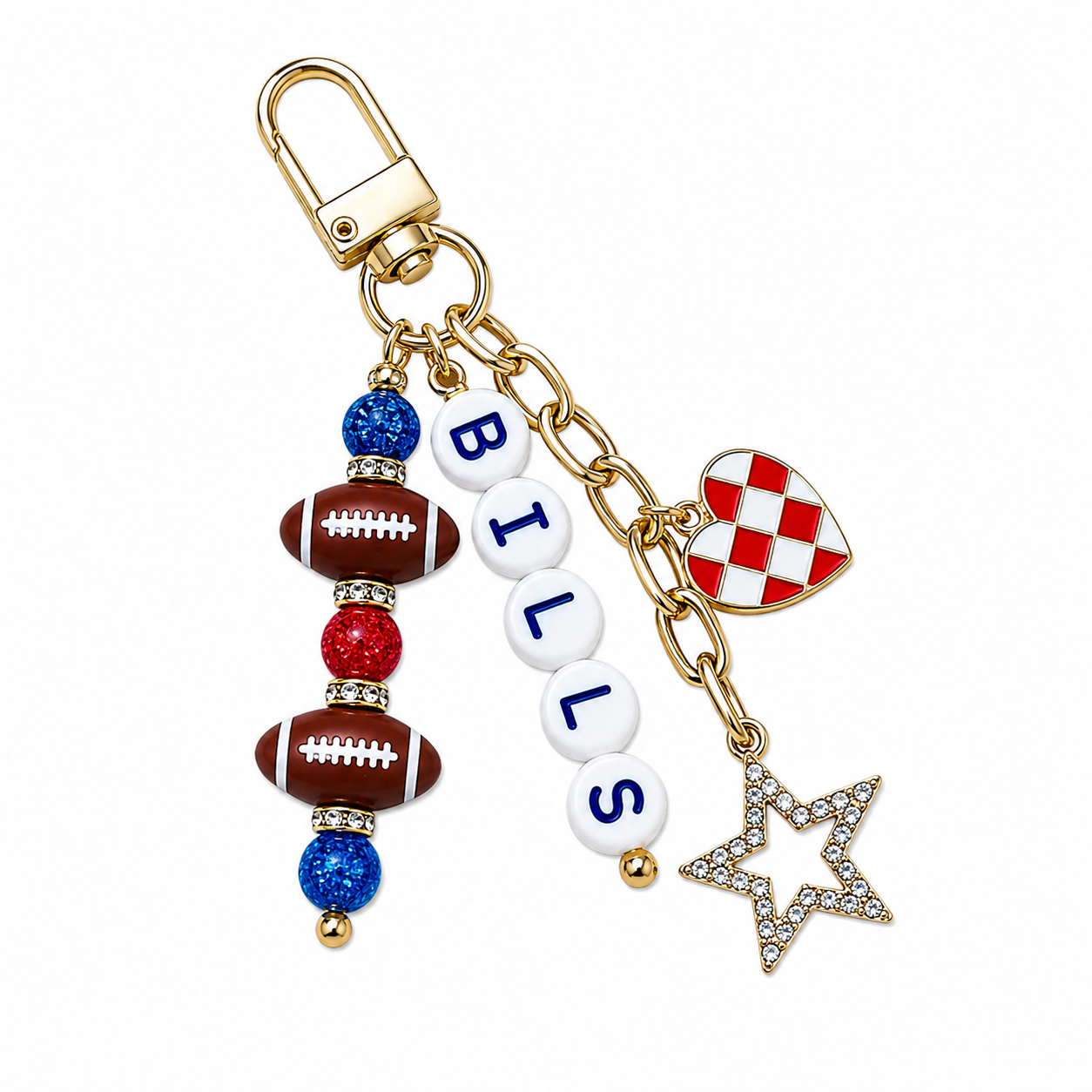 Bills Football Beaded Keychain: Gold Bag Charm with Enamel Heart and Star