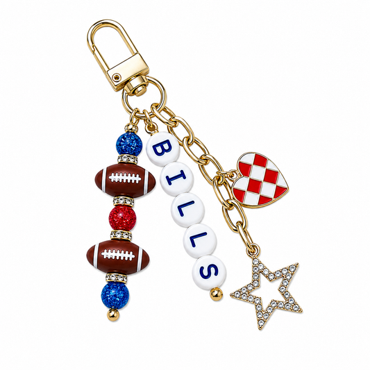 Bills Football Beaded Keychain: Gold Bag Charm with Enamel Heart and Star