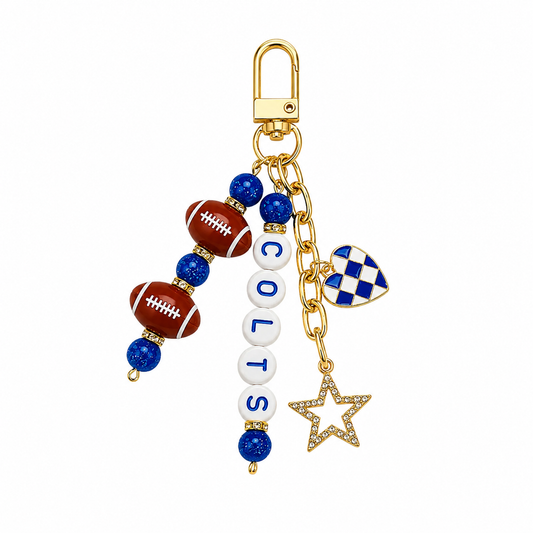 Colts Football Beaded Keychain: Gold Bag Charm with Enamel Heart and Star