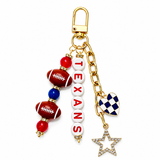 Texans Football Beaded Keychain: Gold Bag Charm with Enamel Heart and Star