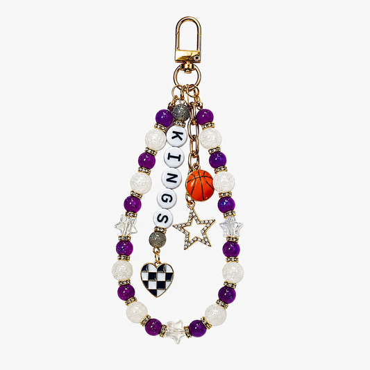 Kings Basketball Bag Charm: Handmade Purple and White Beaded Keychain with Charms