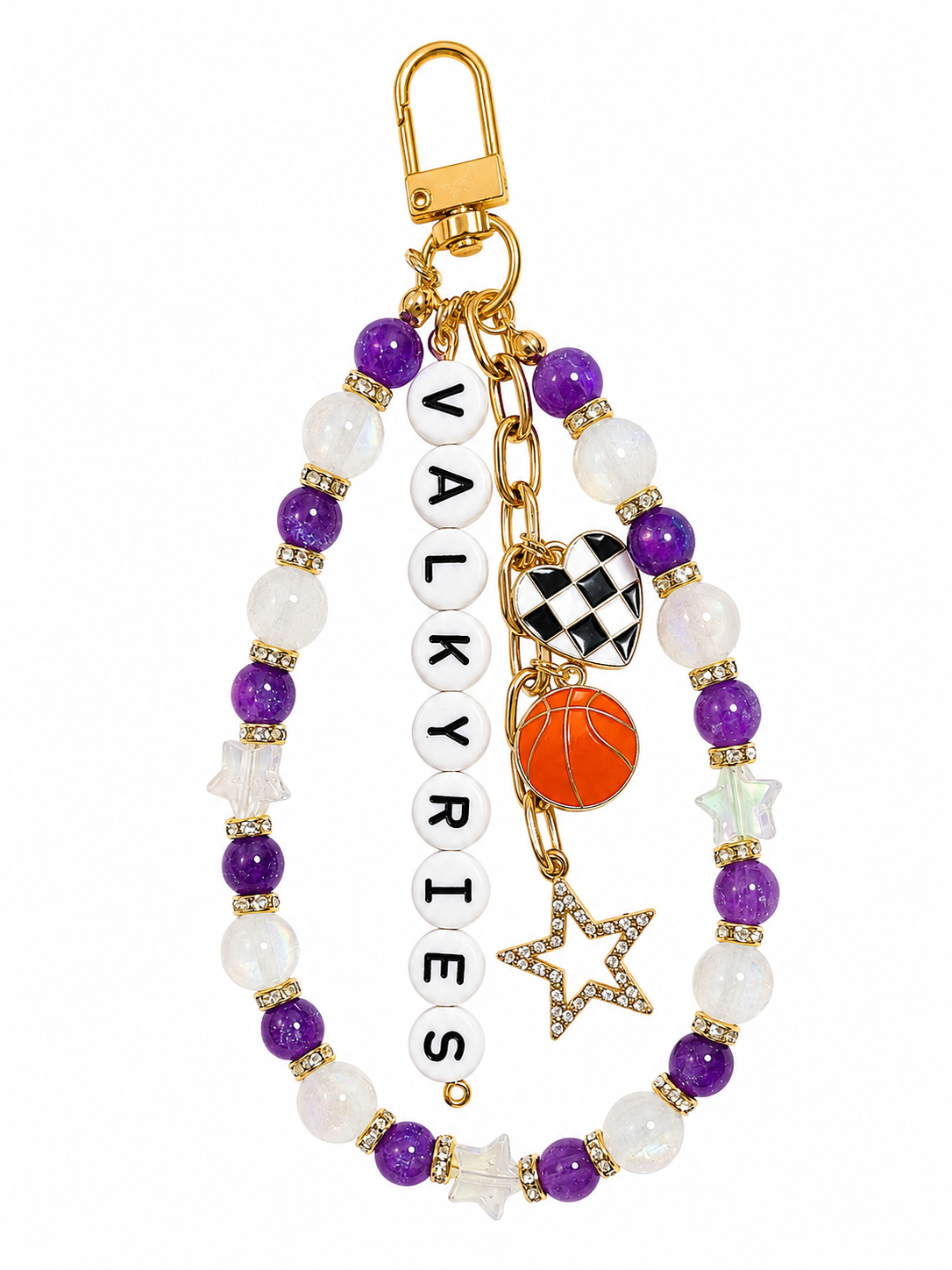 Valkyries Basketball Bag Charm: Handmade Purple, Black, White Beaded Keychain with Charms