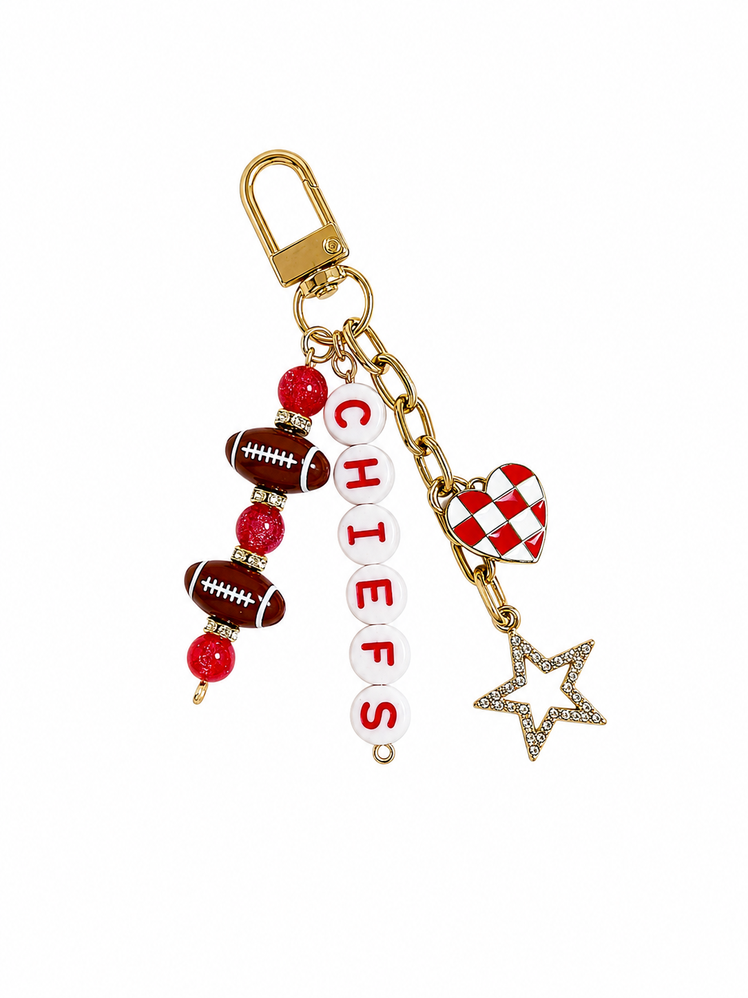 Chiefs Football Beaded Keychain: Gold Bag Charm with Enamel Heart and Star