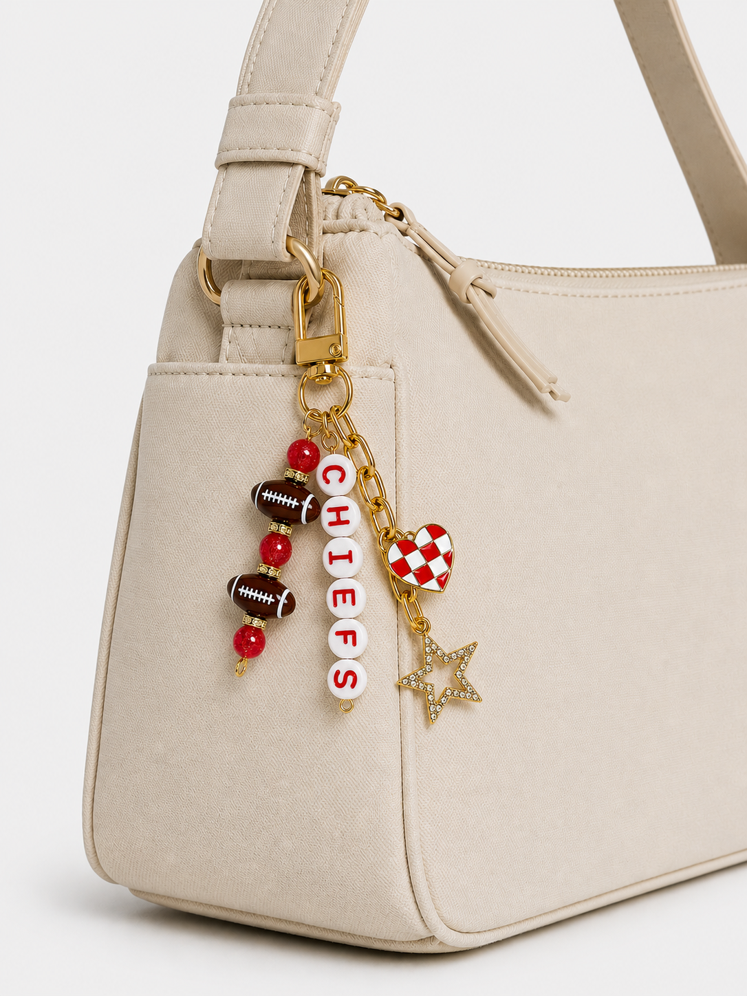 Chiefs Football Beaded Keychain: Gold Bag Charm with Enamel Heart and Star
