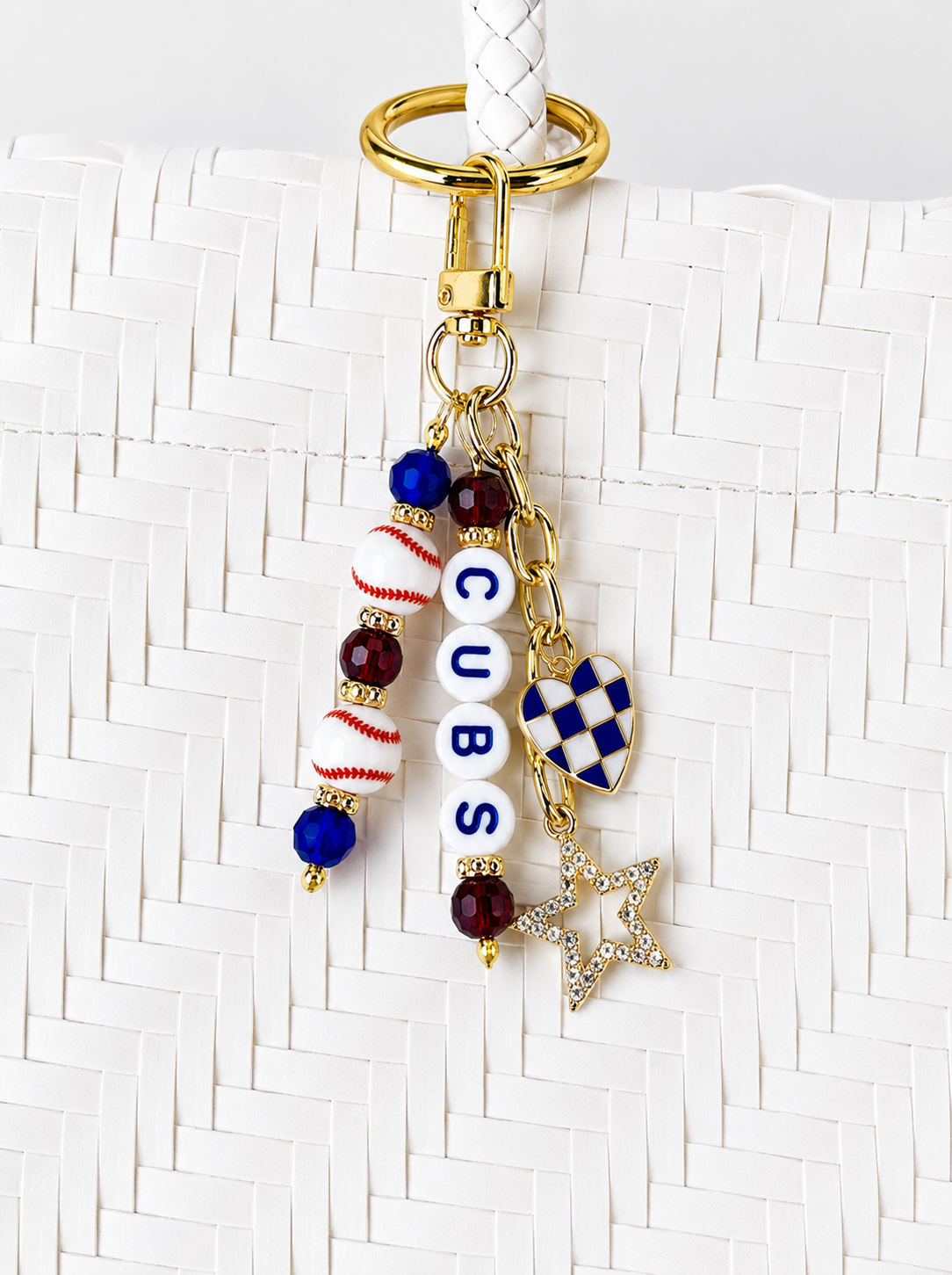 Baseball Beaded Bag Charm: Baseball Keychain with Letter Beads