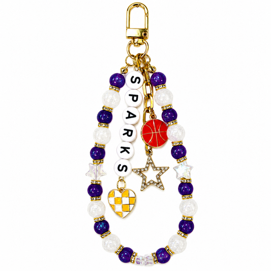 Sparks Basketball Bag Charm: Handmade Purple, Yellow, White Beaded Keychain