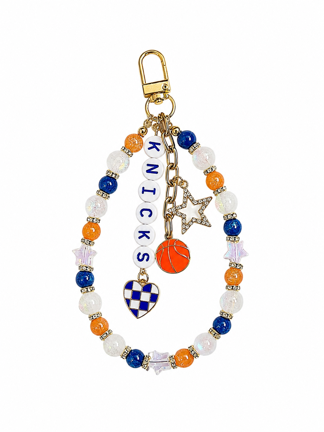 Knicks Basketball Bag Charm: Handmade Blue, Orange & White Beaded Keychain with Charms
