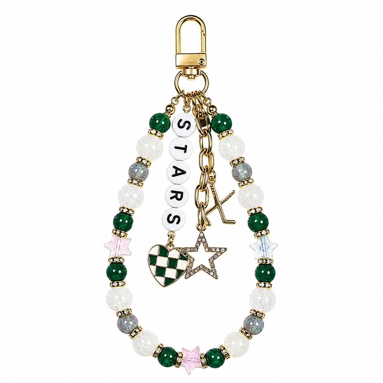 Stars Hockey Bag Charm: Green and Gray Beaded Keychain with Hockey Charms