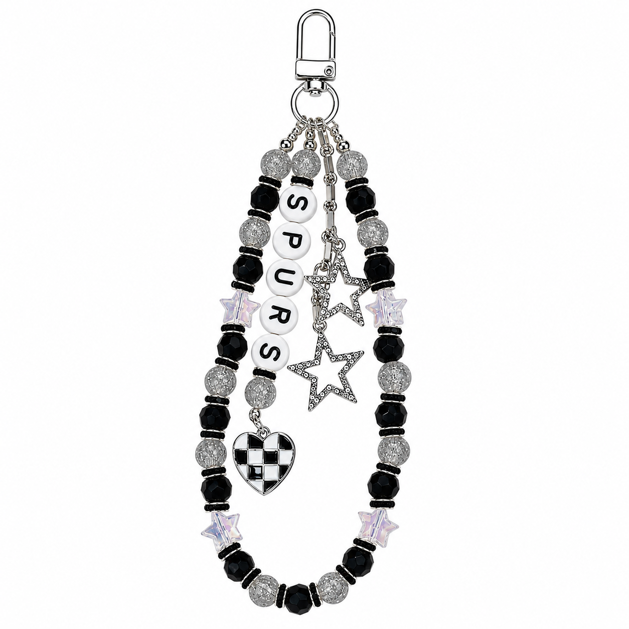 Spurs Basketball Bag Charm: Handmade Silver, Black and White Beaded Keychain with Charms