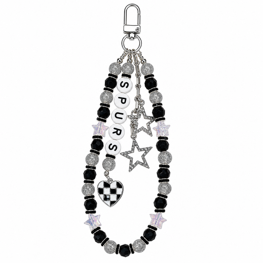 Spurs Basketball Bag Charm: Handmade Silver, Black and White Beaded Keychain with Charms