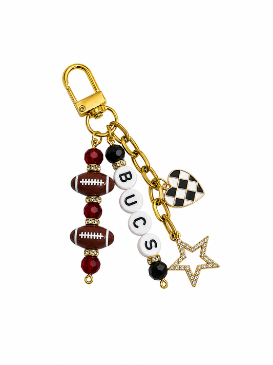 Buccaneers Football Beaded Keychain: Gold Bag Charm with Enamel Heart and Star