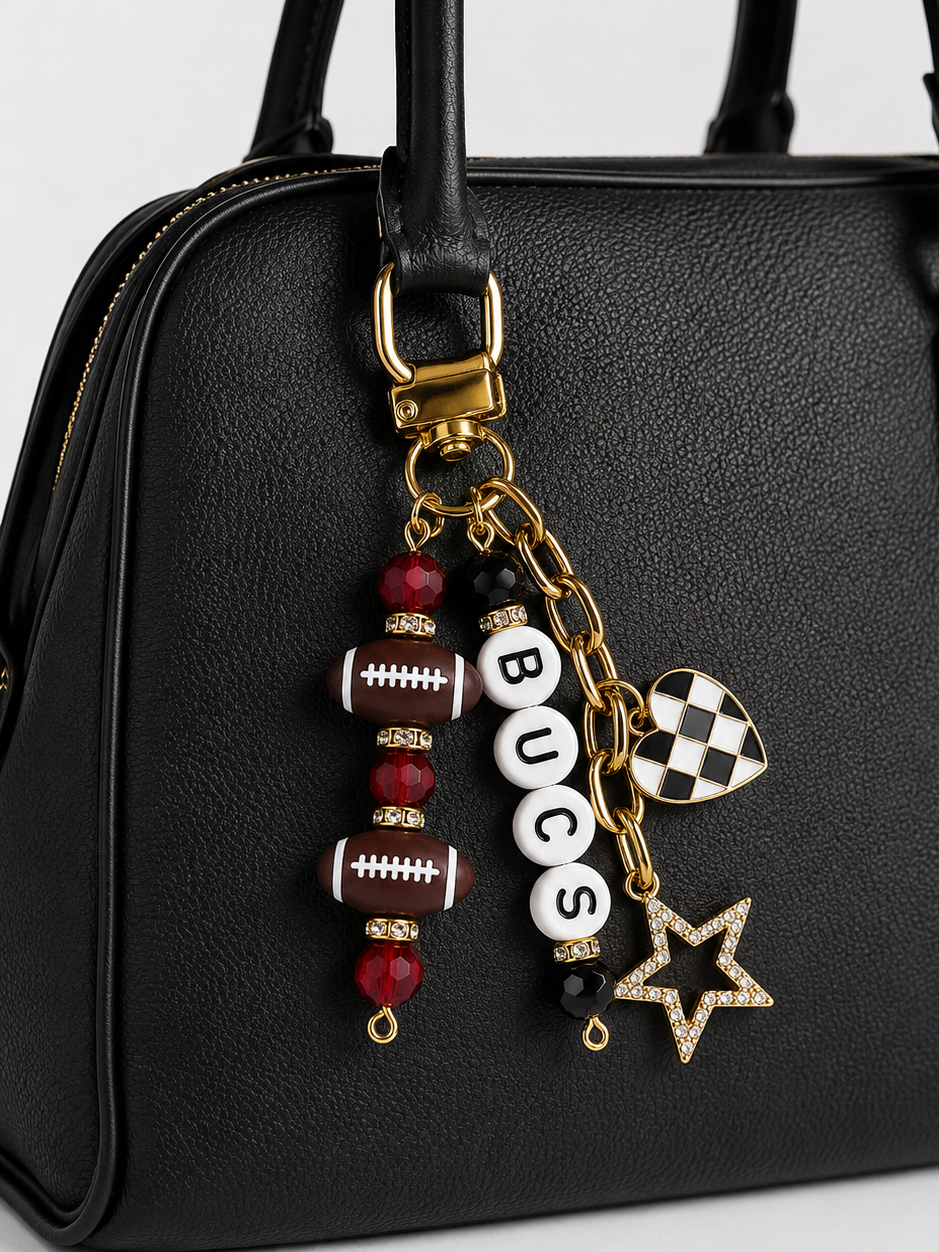 Buccaneers Football Beaded Keychain: Gold Bag Charm with Enamel Heart and Star