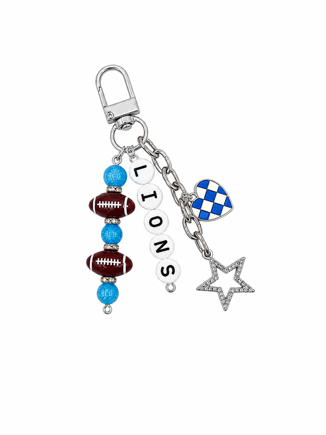 Lions Football Beaded Keychain: Silver Bag Charm with Enamel Heart and Star