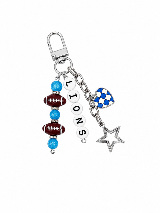 Lions Football Beaded Keychain: Silver Bag Charm with Enamel Heart and Star