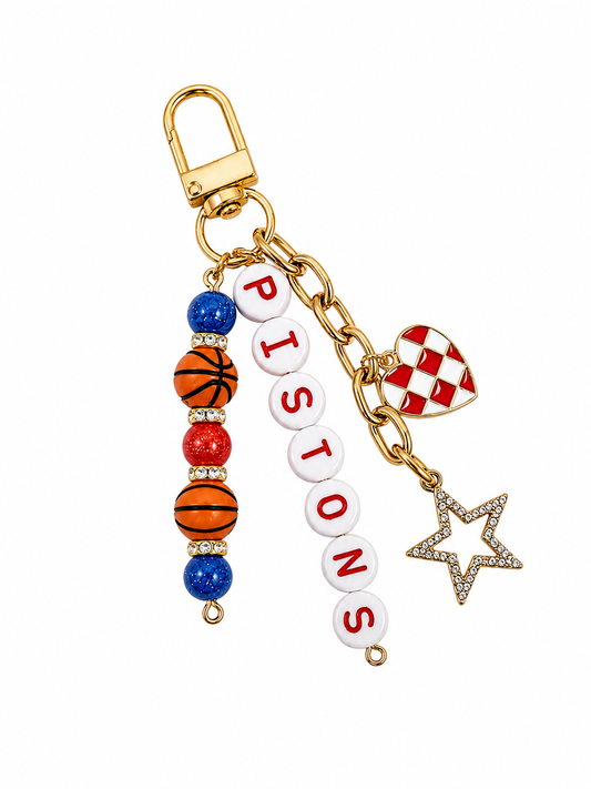 Pistons Basketball Keychain – Gold, Red & Blue Beaded Keychain with Star and Heart Charms