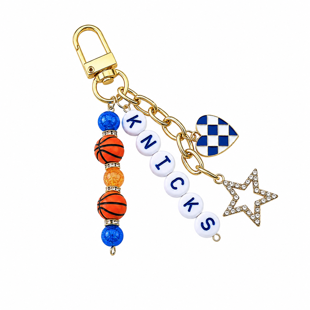 Knicks Basketball Keychain – Gold, Blue & Orange Beaded Keychain with Star and Heart Charms