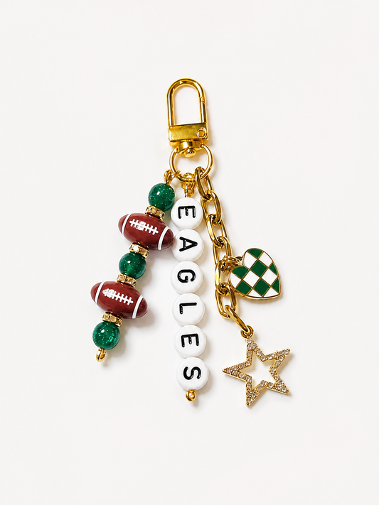 Eagles Football Beaded Keychain: Gold Bag Charm with Enamel Heart and Star