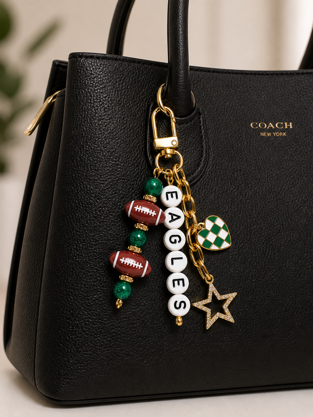 Eagles Football Beaded Keychain: Gold Bag Charm with Enamel Heart and Star