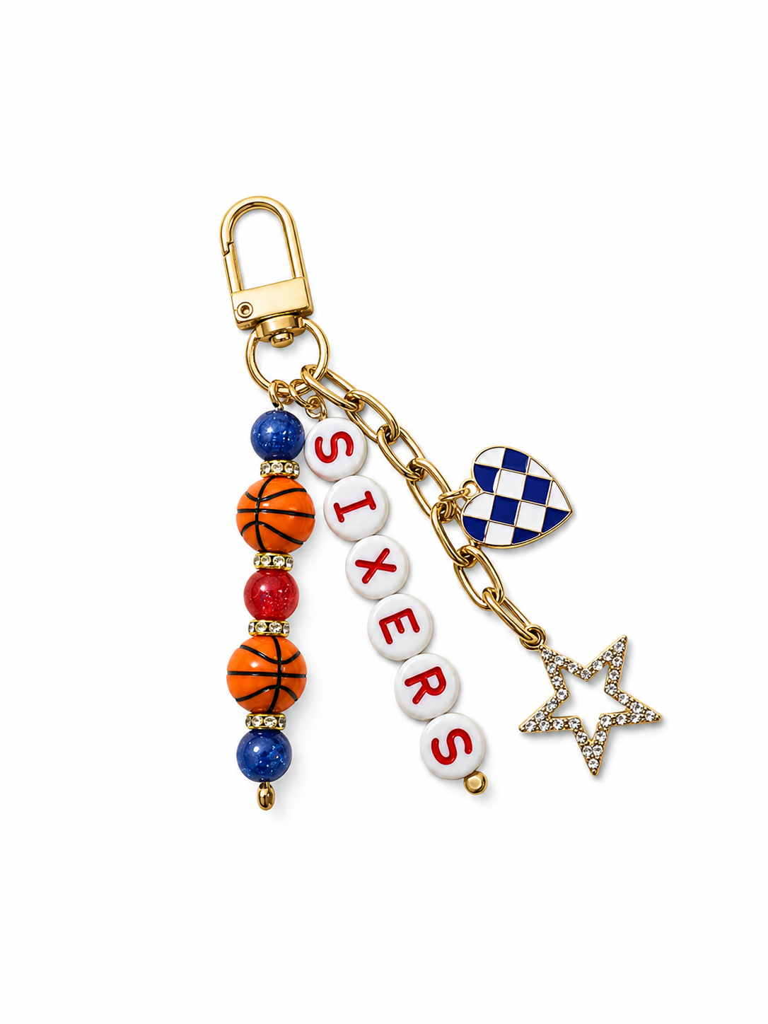 Sixers Basketball Keychain – Gold, Red & Blue Beaded Keychain with Star and Heart Charms