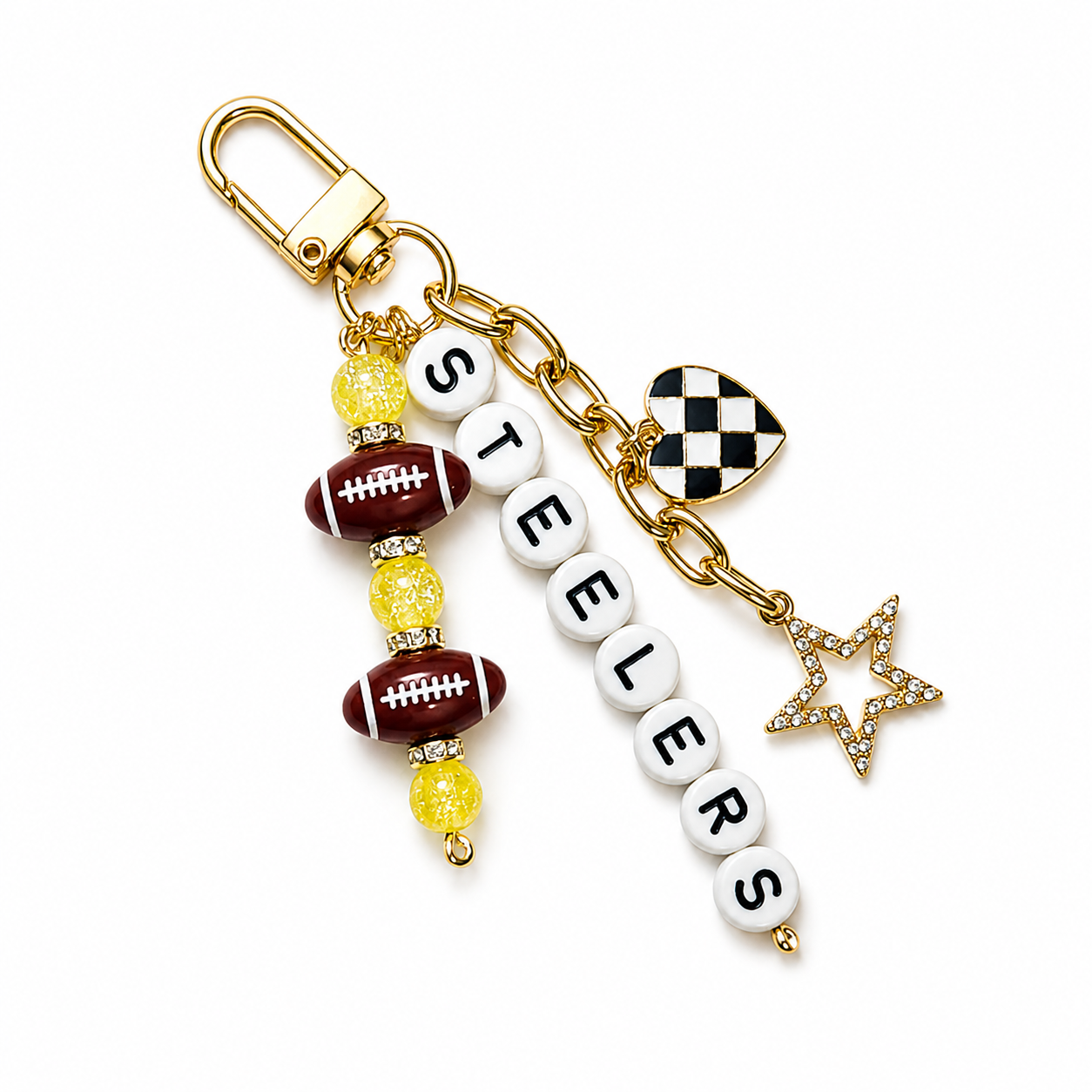 Steelers Football Beaded Keychain: Gold Bag Charm with Enamel Heart and Star