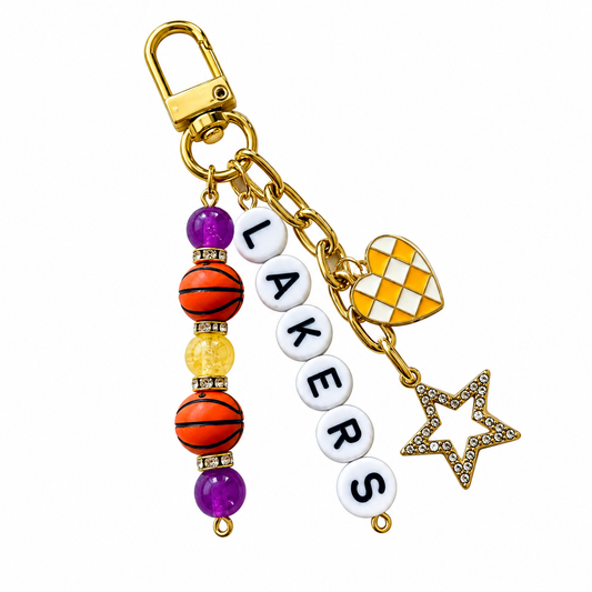 Lakers Basketball Keychain – Gold, Purple & Yellow Beaded Keychain with Star and Heart Charms