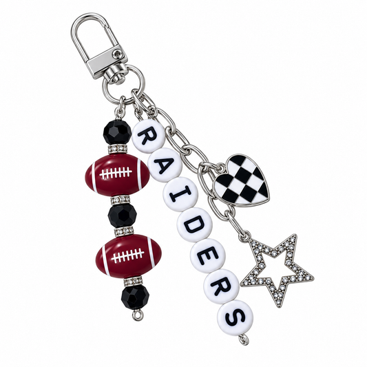 Raiders Football Beaded Keychain: Silver Bag Charm with Enamel Heart and Star