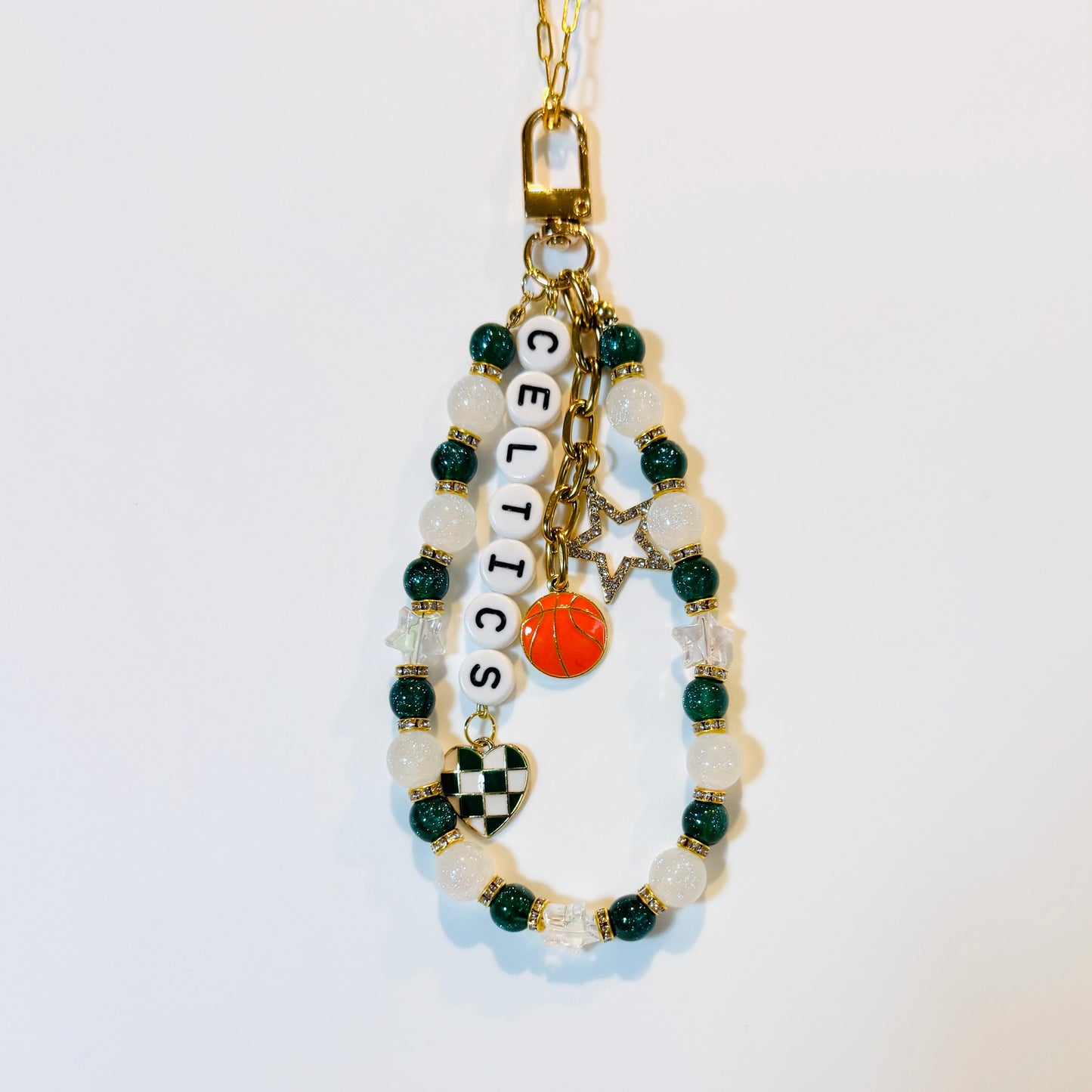 Celtics Basketball Deluxe Bag Charm: Handmade Green and White Beaded Keychain with Charms