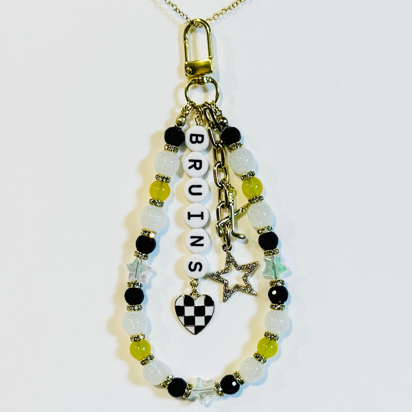 Bruins Hockey Bag Charm: Yellow and Black Beaded Keychain with Hockey Charms