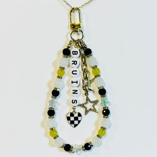 Bruins Hockey Bag Charm: Yellow and Black Beaded Keychain with Hockey Charms