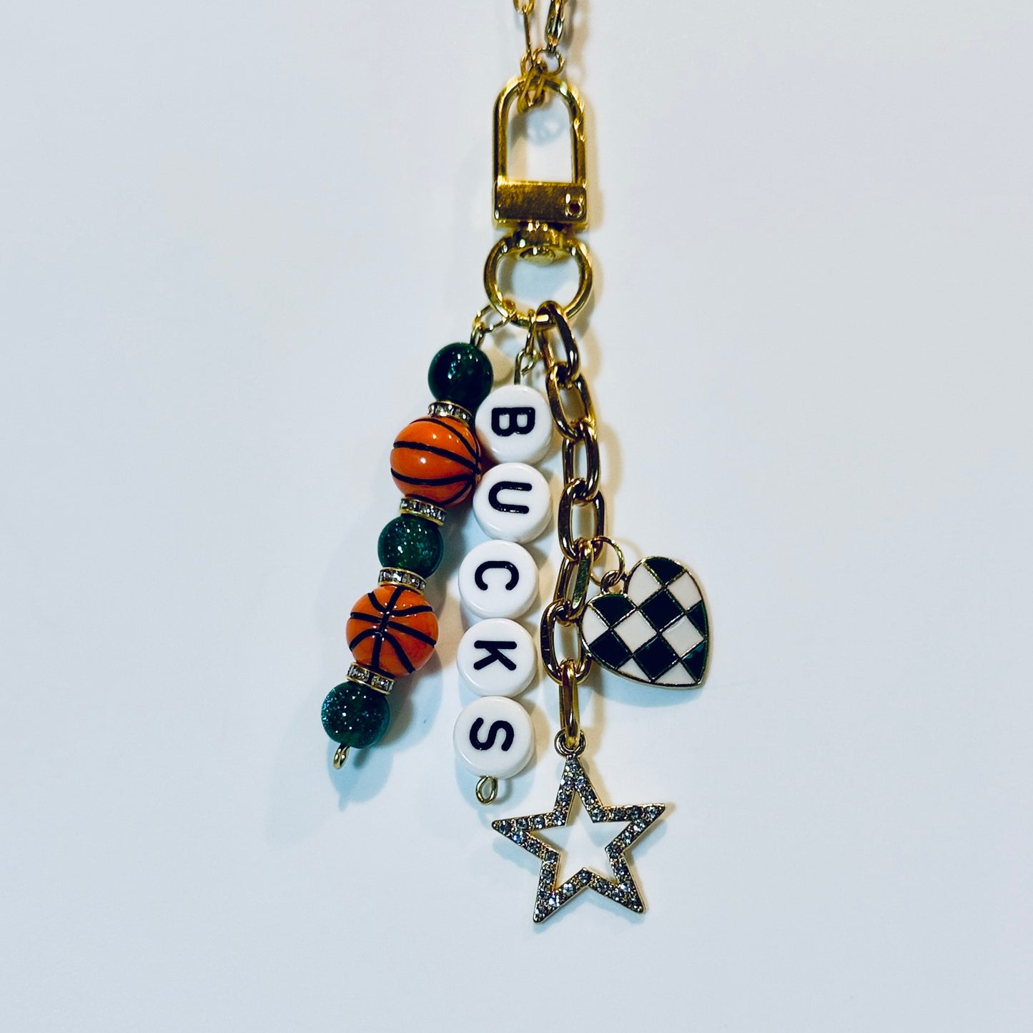 Bucks Basketball Bag Charm – Gold, Green and White Beaded Keychain with Star and Heart Charms