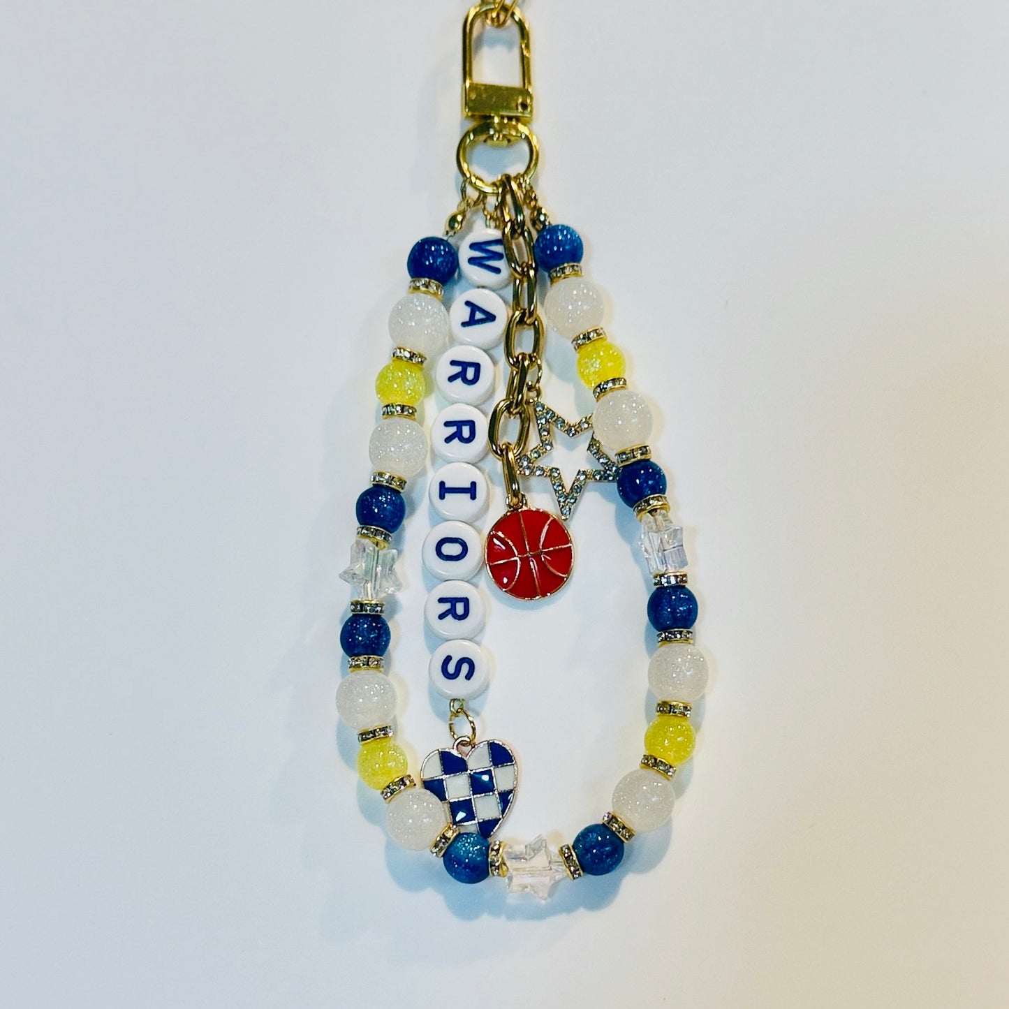 Warriors Basketball Bag Charm: Handmade Blue, Yellow and White Beaded Keychain with Charms