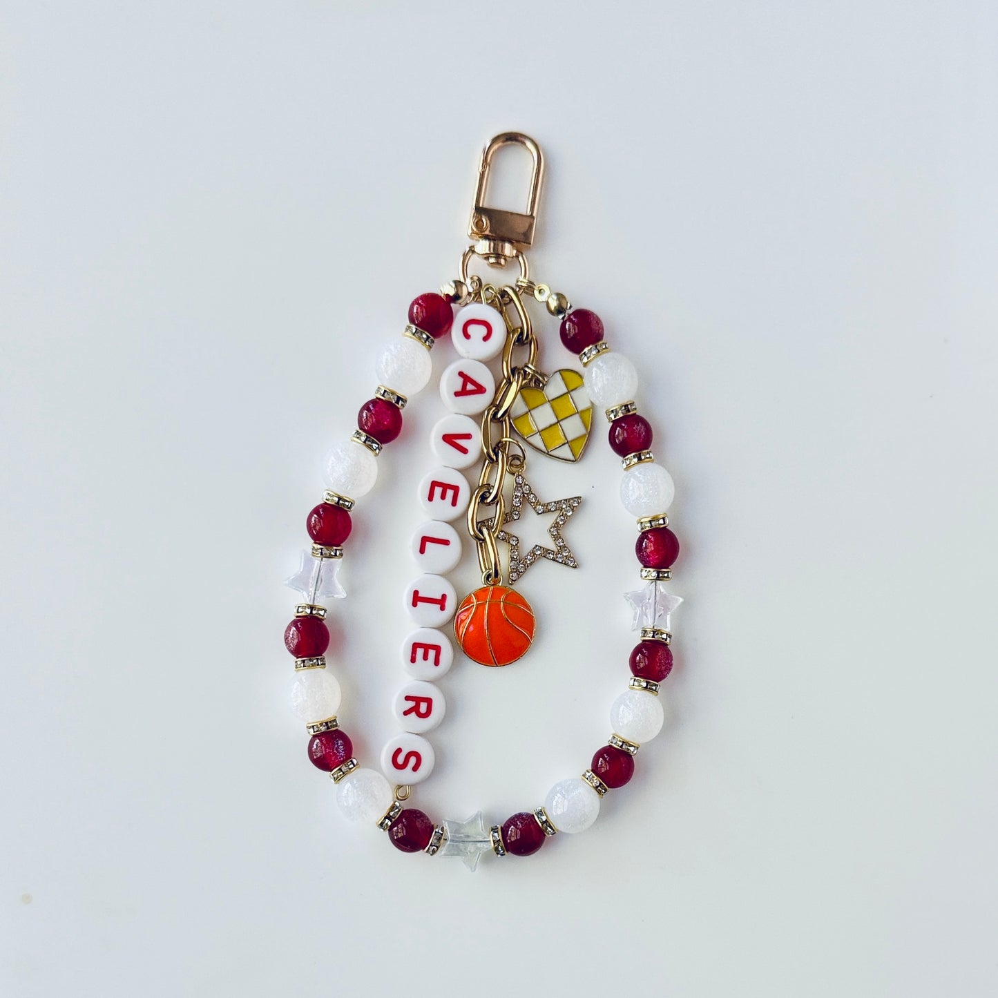 Cavaliers Basketball Bag Charm: Handmade Red & White Beaded Keychain with Charms