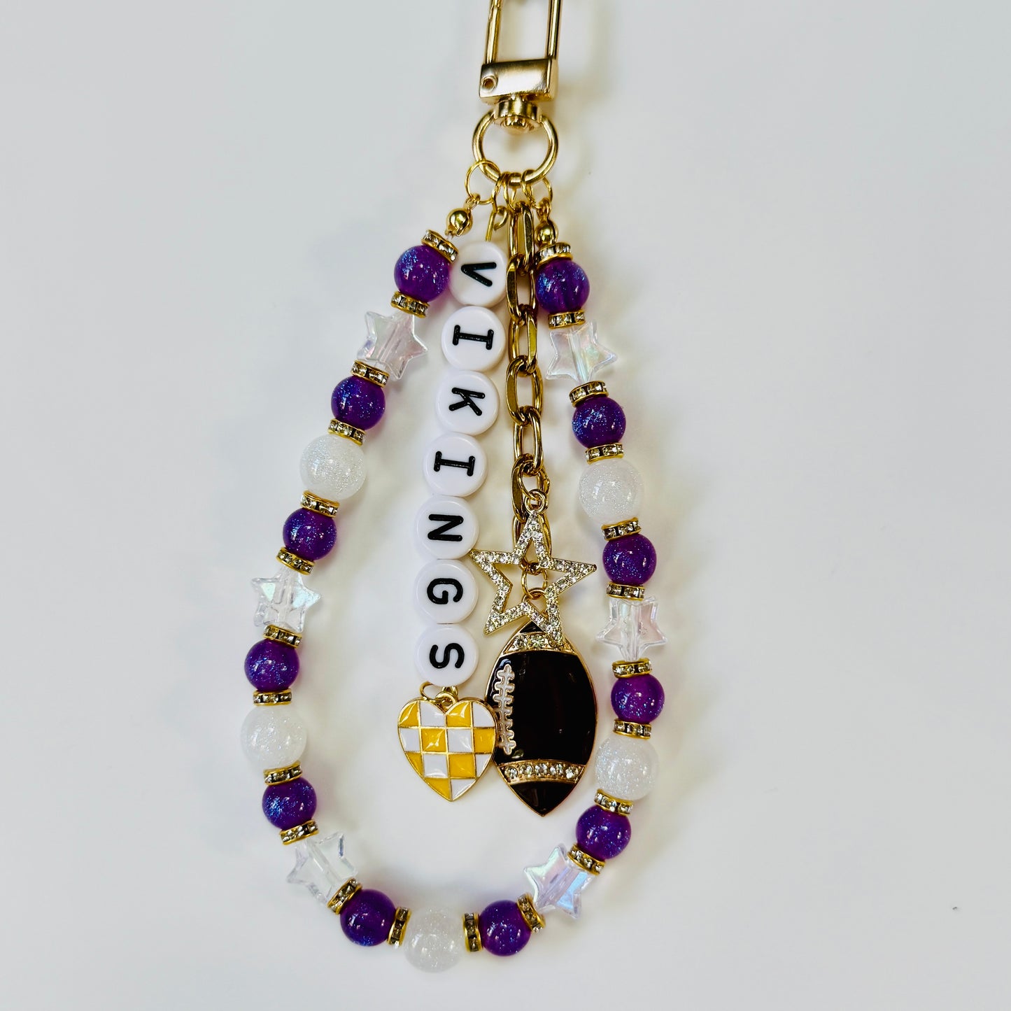 Vikings Football Bag Charm – Handmade Beaded Keychain with Purple and Gold Star Charms – Football Fan Gift – Backpack Zipper Pull – Sports Accessory
