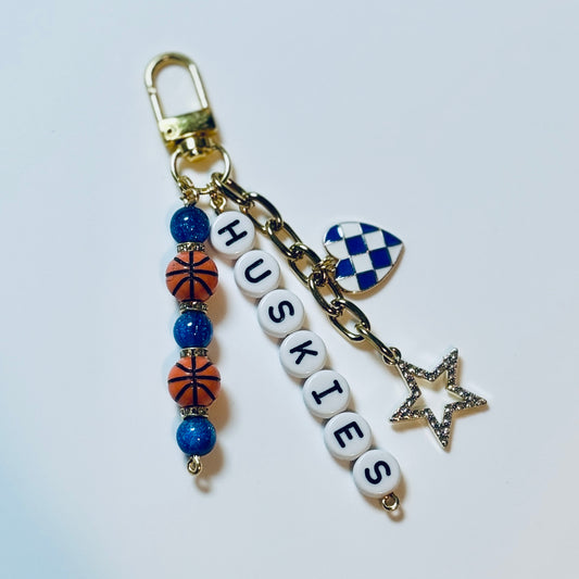 Basketball Bag Charm – Custom Beaded Keychain with Star and Heart Charms, Football or Baseball