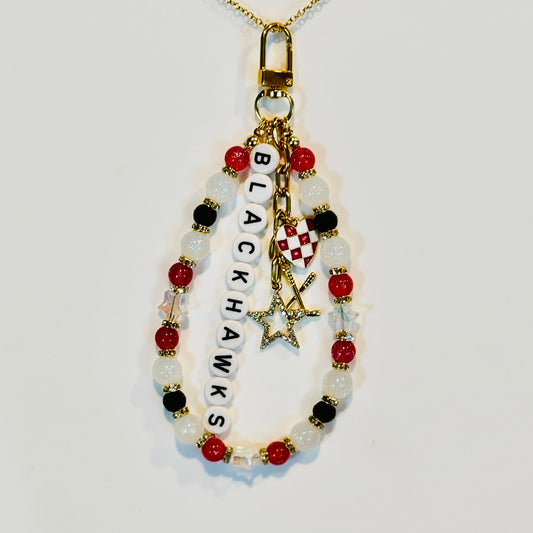 Blackhawks Hockey Bag Charm: Red and Black Beaded Keychain with Hockey Charms