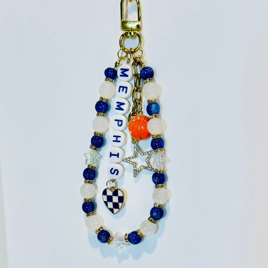 Memphis Basketball Bag Charm: Handmade Blue and White Beaded Keychain with Charms