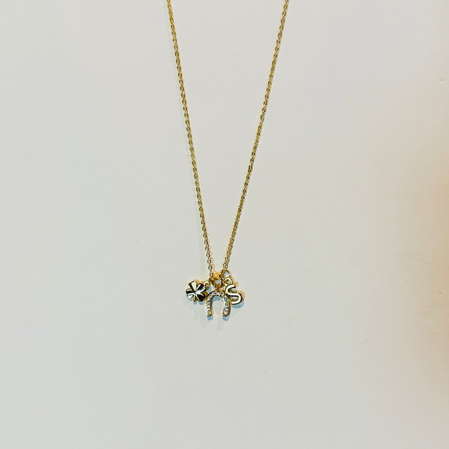 18K Gold Plated Lucky Charm Necklace: Personalized Initial Charm Necklace, Clover Horseshoe Initial Pendant | Custom Letter Necklace