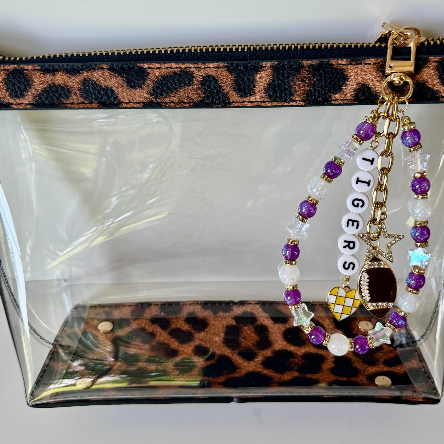 Tigers Football Bag Charm – Purple & Gold Beaded Keychain with Charms – College Game Day Purse Accessory – Handmade Gift